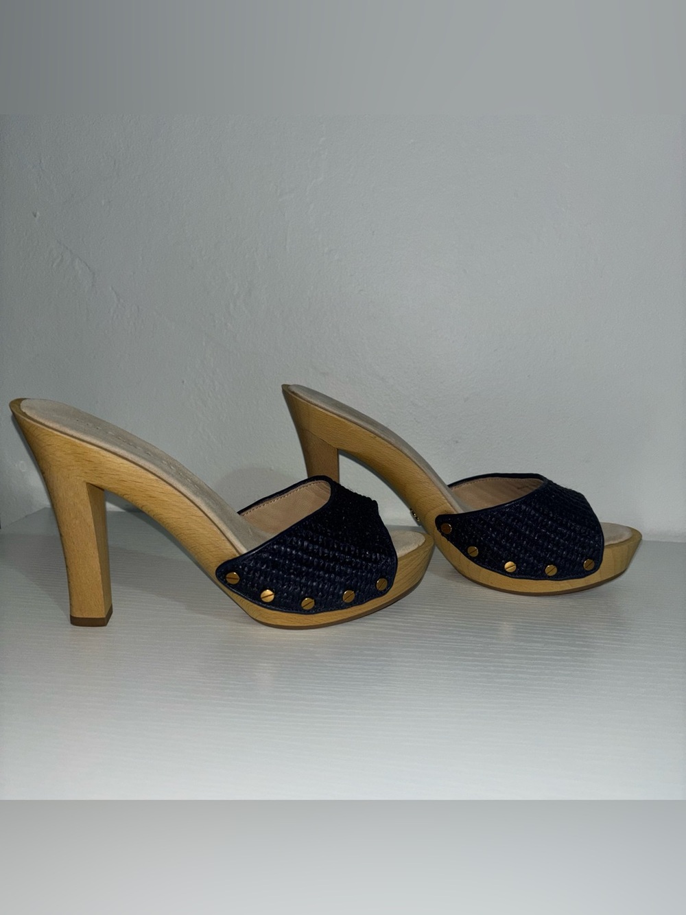 Veronica Beard Navy Woven Mule Heels with Wood Platform